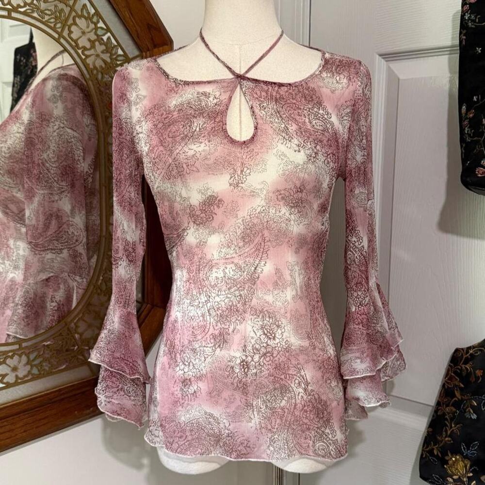 VTG Y2K Timid Sheer Pink & Brown Paisley Silk Keyhole Ruffle Flare Sleeve Top
